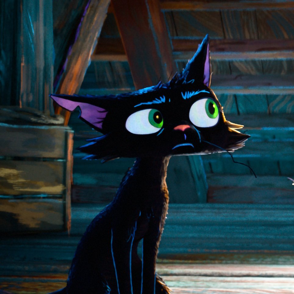 Nero, un chat noir animé aux grands yeux verts et à l'air inquiet, est assis dans une pièce en bois aux poutres inclinées et à la lumière tamisée, évoquant le charme d'un film d'animation Pixar.
