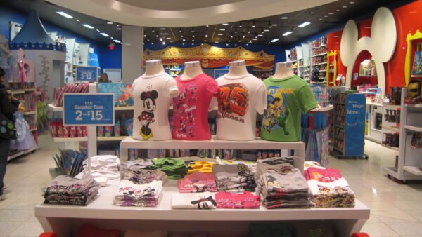 Présentation de T-shirts pour enfants avec des produits dérivés Disney représentant des personnages bien-aimés sur des mannequins et des piles pliées dans un magasin de détail bien éclairé, présentant de véritables exemples de succès Disney.