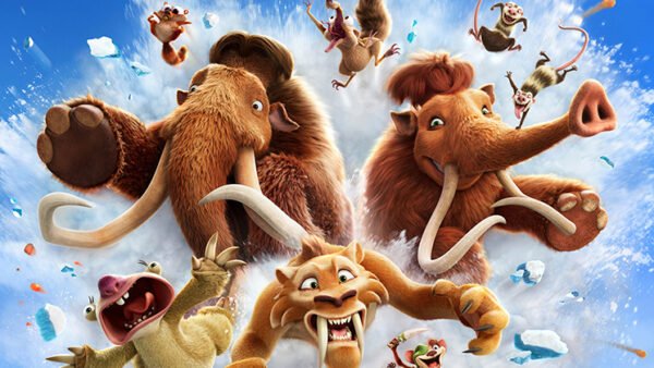 Un groupe d'animaux préhistoriques animés, dont des mammouths et un tigre à dents de sabre, traverse la glace avec des explosions et des débris volants dans un ciel bleu et lumineux-l'aventure de L'Âge De Glace façon bande-annonce Disney !.