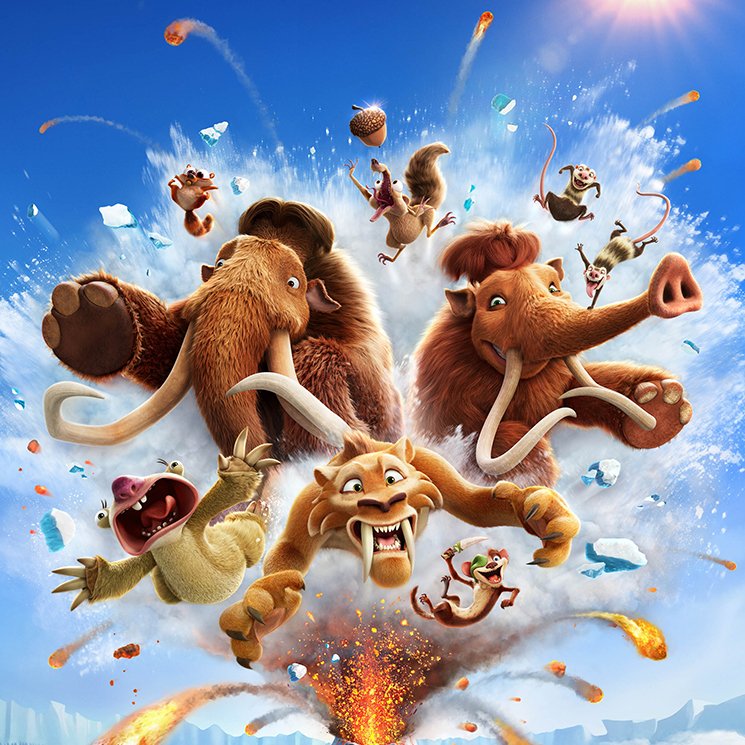Un groupe d'animaux préhistoriques animés, dont des mammouths et un tigre à dents de sabre, traverse la glace avec des explosions et des débris volants dans un ciel bleu et lumineux-l'aventure de L'Âge De Glace façon bande-annonce Disney !.