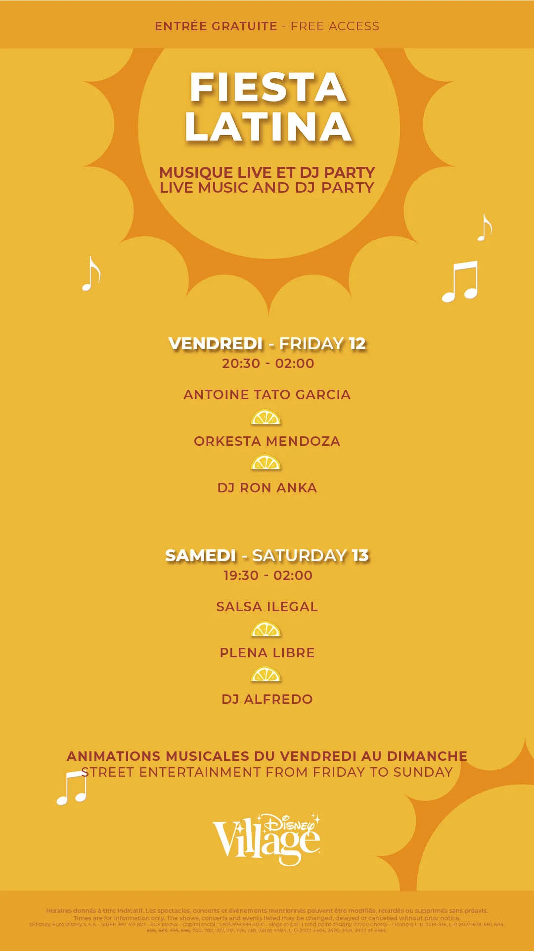 Affiche pour "Fiesta Latina" à Disney Village avec Musique Latine, musique live, performances DJ, et animations de rue les vendredi 12 et samedi 13. L'entrée est gratuite.