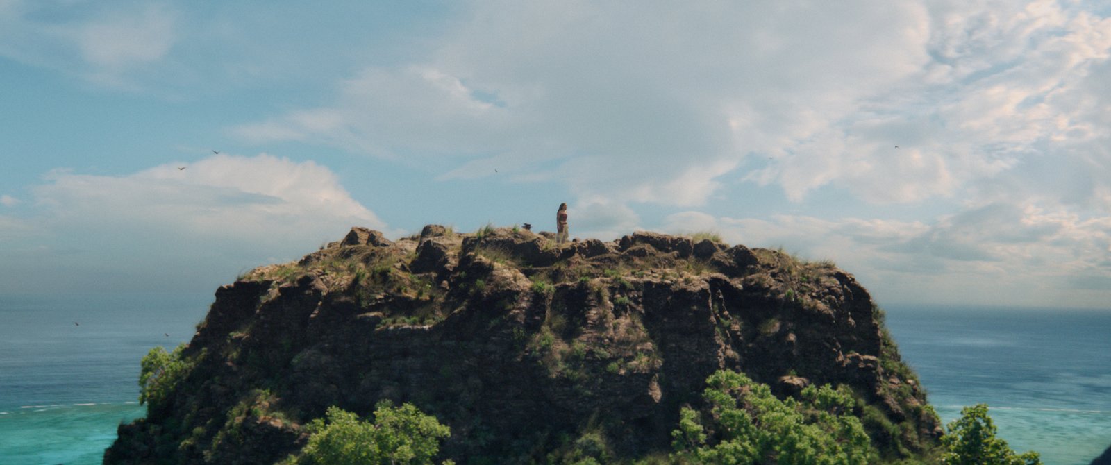 Une personne se tient seule au sommet d'une falaise rocheuse entourée de verdure, surplombant l'océan sous un ciel partiellement nuageux, évoquant l'esprit du film « Vaiana » de Disney et l'aventure de « Légende du bout du monde ».