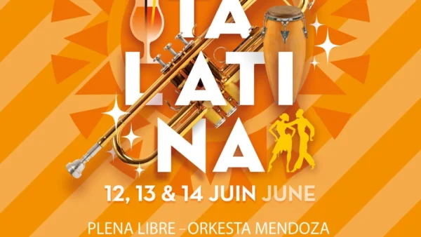 Affiche de la Fiesta Latina au Disney Village, avec un chapeau, une trompette, une guitare, des maracas, les détails de l'événement du 12 au 14 juin, la liste des groupes, des informations sur l'entrée gratuite, le tout célébrant la vibrante musique latine.