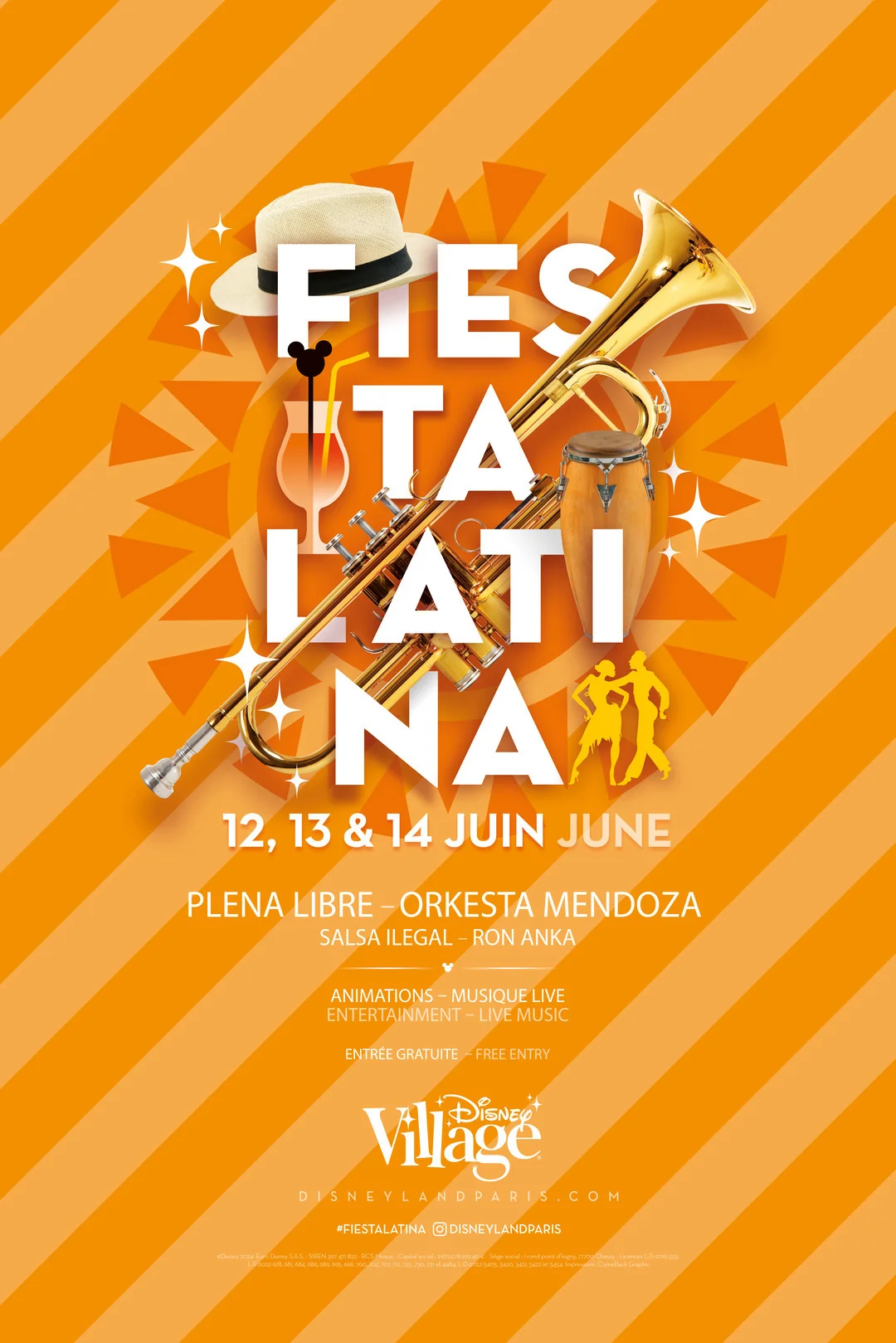 Affiche de la Fiesta Latina au Disney Village, avec un chapeau, une trompette, une guitare, des maracas, les détails de l'événement du 12 au 14 juin, la liste des groupes, des informations sur l'entrée gratuite, le tout célébrant la vibrante musique latine.