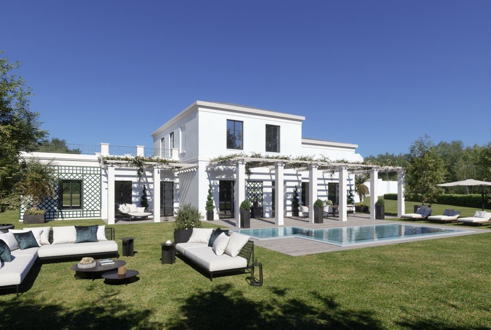 Cette maison moderne à deux étages, toute de blanc vêtue, dotée de grandes baies vitrées, d'un patio ombragé par une pergola et d'une piscine extérieure, offre le confort des chambres et villas d'un hôtel 5 étoiles — l'endroit idéal pour se détendre sur la vaste pelouse verdoyante sous un ciel d'un bleu limpide.