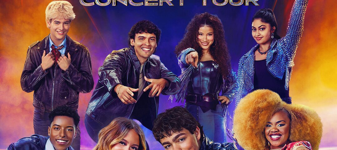 Affiche promotionnelle pour le Disney Worlds Collide Concert Tour avec des acteurs de Descendants, Camp Rock et Zombies, avec un lien vers le site web de la tournée en bas.