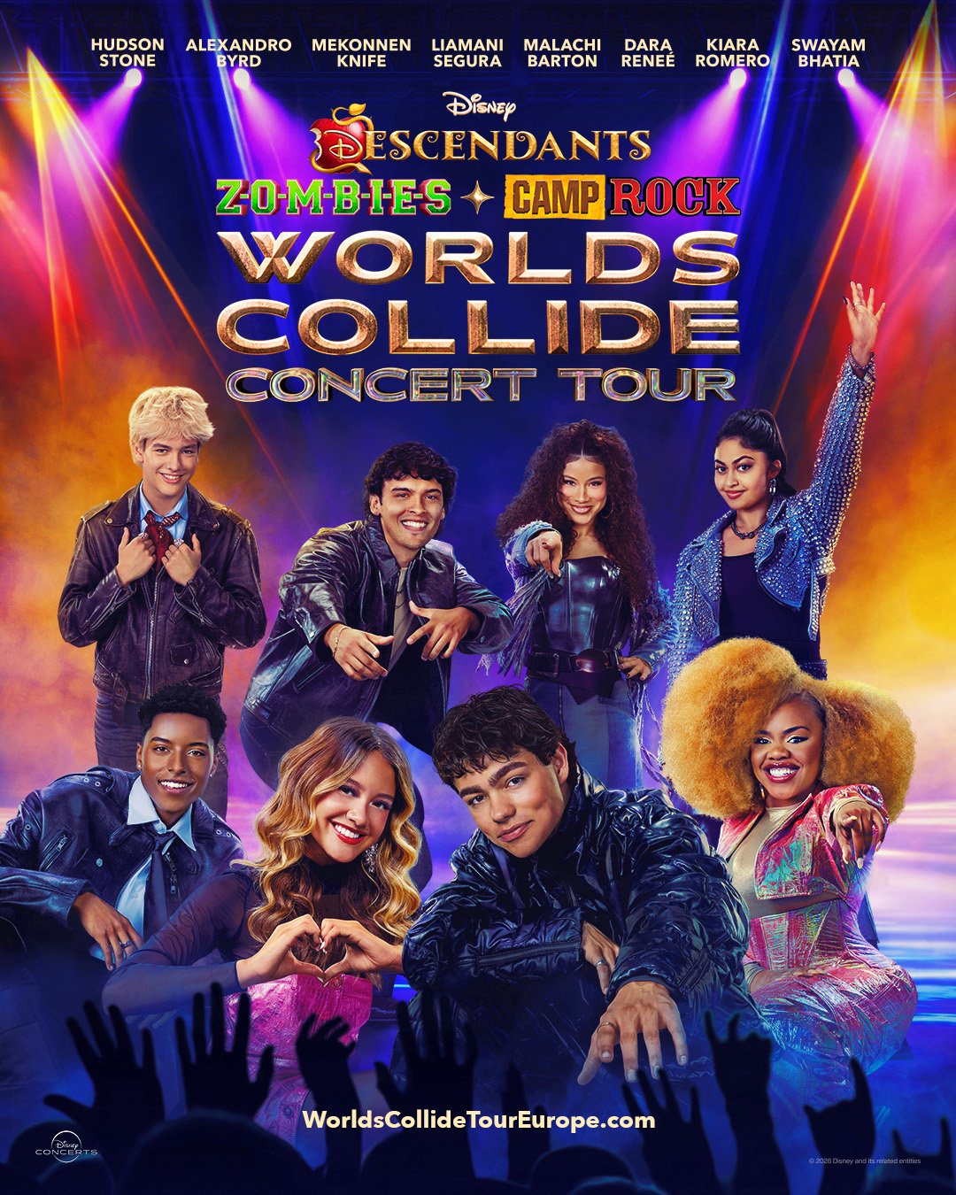 Affiche promotionnelle pour le Disney Worlds Collide Concert Tour avec des acteurs de Descendants, Camp Rock et Zombies, avec un lien vers le site web de la tournée en bas.