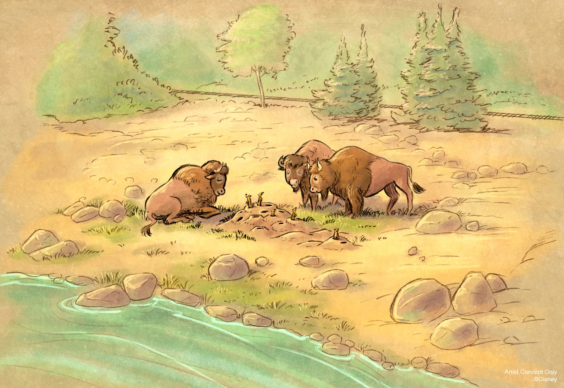 Trois bisons observent un groupe de chiens de prairie près de leurs terriers, le long de la rive herbeuse et rocailleuse des Rivers of the Far West, avec des arbres en arrière-plan — l'une des « nouvelles scènes » de Disneyland Paris.