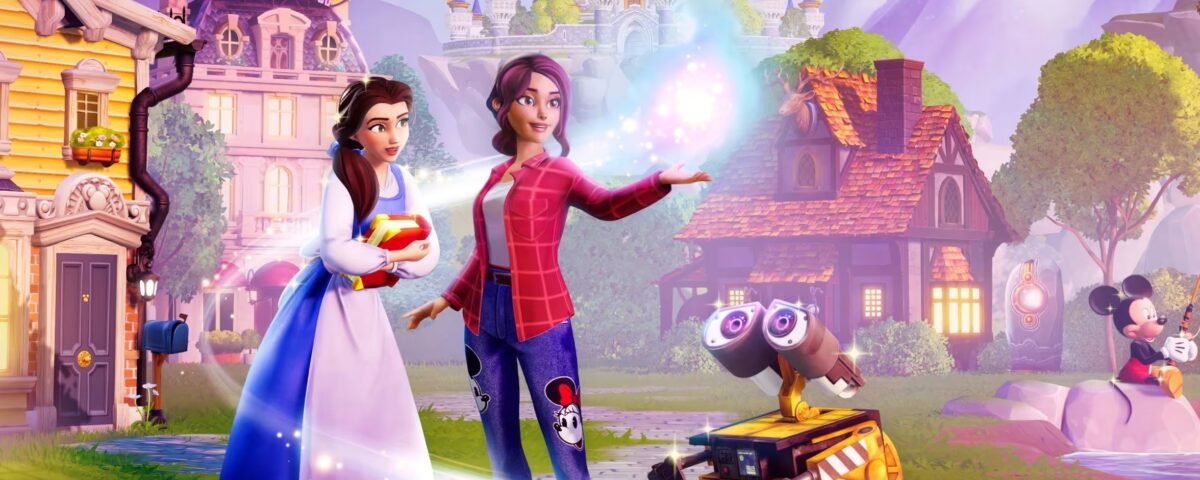 Deux personnages animés se tiennent aux côtés du robot WALL-E dans le village coloré de Disney Dreamlight Valley, avec un château et Mickey Mouse en arrière-plan. L'un tient un livre ; l'autre produit un effet magique tout en essayant de réussir la quête « Arroser 50 légumes ».