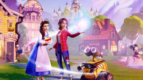 Deux personnages animés se tiennent aux côtés du robot WALL-E dans le village coloré de Disney Dreamlight Valley, avec un château et Mickey Mouse en arrière-plan. L'un tient un livre ; l'autre produit un effet magique tout en essayant de réussir la quête « Arroser 50 légumes ».