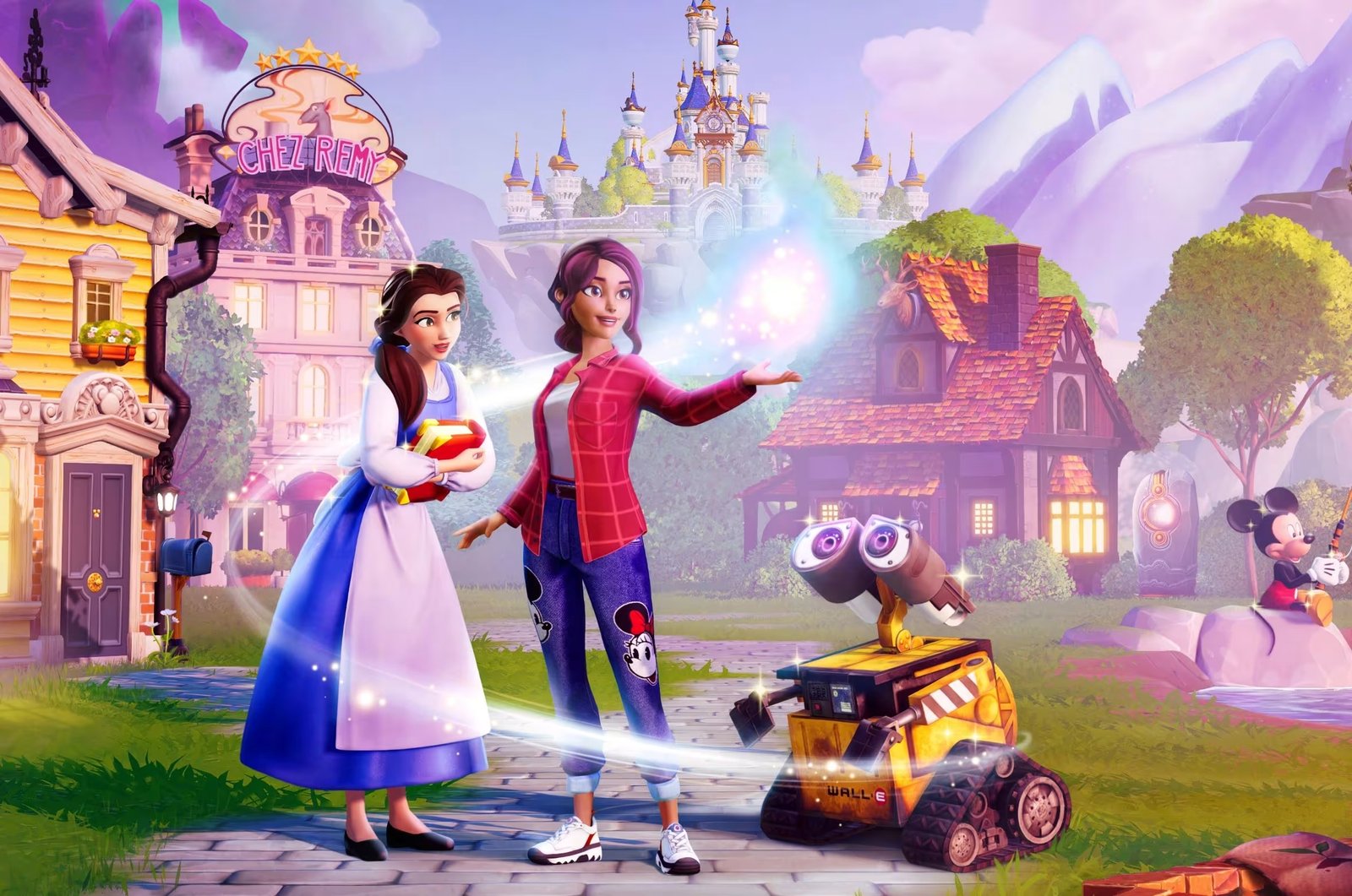 Deux personnages animés se tiennent aux côtés du robot WALL-E dans le village coloré de Disney Dreamlight Valley, avec un château et Mickey Mouse en arrière-plan. L'un tient un livre ; l'autre produit un effet magique tout en essayant de réussir la quête « Arroser 50 légumes ».