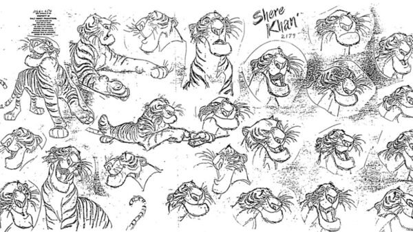 Feuille de conception de personnage en noir et blanc montrant diverses poses expressives et expressions faciales d'un tigre animé appelé "Shere Khan", rappelant comment sont faits les dessins animés Disney.