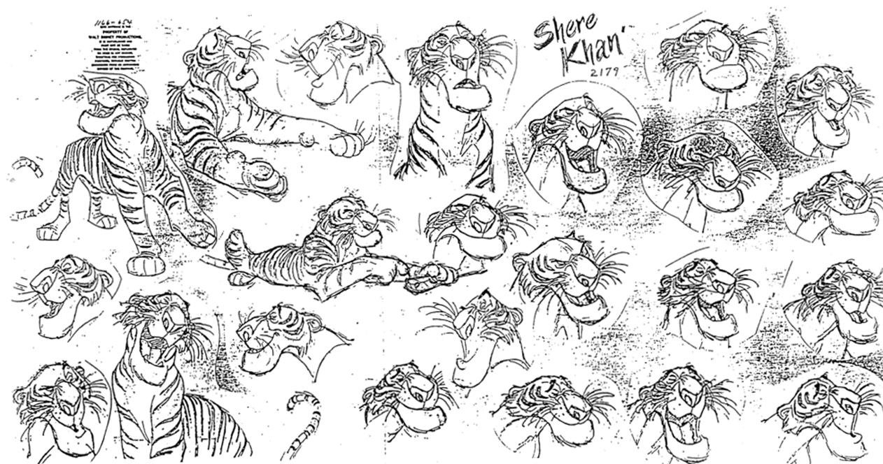 Feuille de conception de personnage en noir et blanc montrant diverses poses expressives et expressions faciales d'un tigre animé appelé "Shere Khan", rappelant comment sont faits les dessins animés Disney.