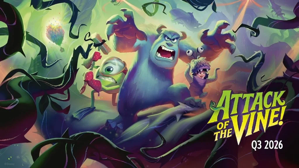 Les personnages animés de « Monstres & Cie » se tiennent prêts au combat au milieu d’immenses lianes sombres, incarnant l’esprit d’« Invasion Épineuse » ; le texte « L’attaque des lianes ! T3 2026 » apparaît à droite, laissant entrevoir un événement épique inspiré de Disney Lorcana à Disneyland Paris.