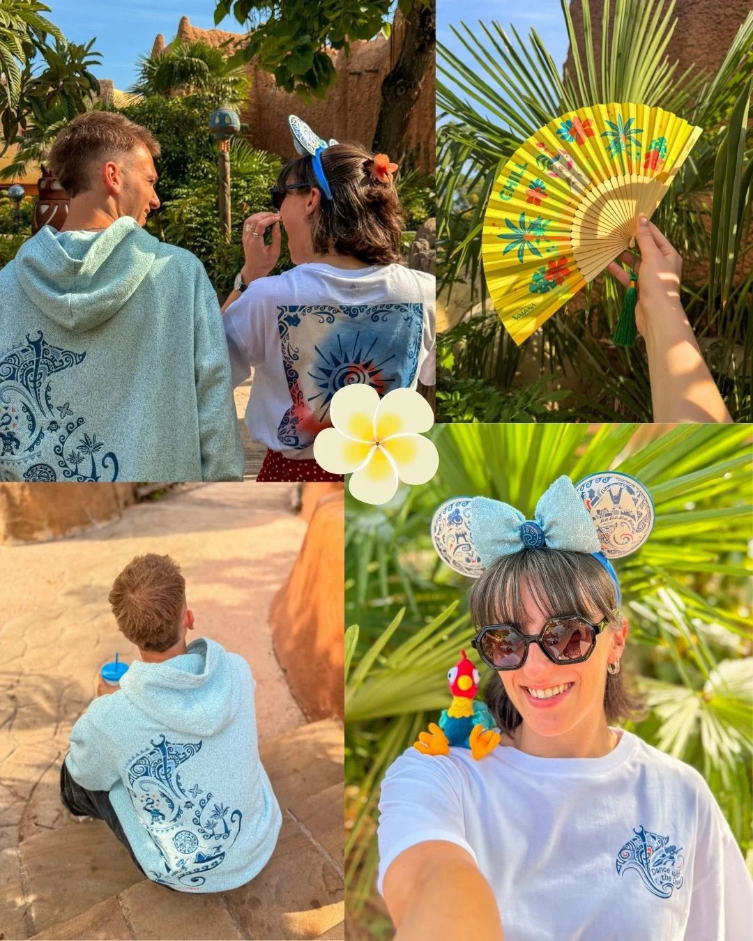 Quatre photos montrent deux personnes à Disneyland Paris portant des tenues assorties bleues et blanches issues de la Collection Vaiana, des bandeaux à oreilles de Mickey Mouse, et tenant un éventail jaune au milieu de plantes tropicales et d'un décor en plein air.