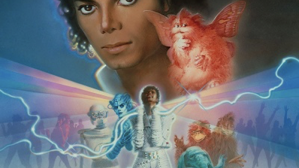 L'affiche de « Captain EO » à Disneyland Paris met en scène un personnage central vêtu d'une tenue futuriste, entouré de créatures colorées, avec des effets de lumières néon et un texte en français annonçant la fermeture de l'attraction le 17 août 1998.