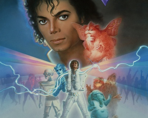 L'affiche de « Captain EO » à Disneyland Paris met en scène un personnage central vêtu d'une tenue futuriste, entouré de créatures colorées, avec des effets de lumières néon et un texte en français annonçant la fermeture de l'attraction le 17 août 1998.
