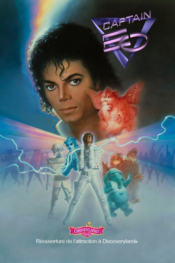 Affiche du film « Captain EO » représentant un grand portrait du personnage principal, des créatures fantastiques plus petites et des effets lumineux, accompagnée d'un texte évoquant Disneyland Paris et la réouverture de l'attraction Discoveryland après sa fermeture le 17 août 1998.
