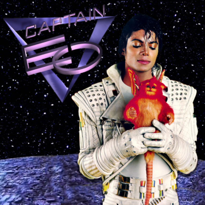 Une personne vêtue d'une combinaison blanche futuriste tient dans ses mains, dans l'espace, une petite créature rouge à longue queue, avec en arrière-plan l'inscription « Captain EO » et une surface semblable à celle de la Lune, en commémoration de la Fermeture du 17 août 1998.