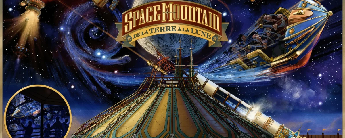 Affiche de l'attraction « Space Mountain : De la Terre à la Lune » de Disneyland Paris, inspirée des récits visionnaires de Jules Verne, représentant la structure de l'attraction, des fusées, des scènes spatiales, ainsi qu'un encart montrant des visiteurs marchant à l'intérieur de l'attraction.