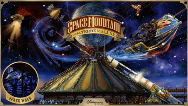 Affiche de l'attraction « Space Mountain : De la Terre à la Lune » de Disneyland Paris, inspirée des récits visionnaires de Jules Verne, représentant la structure de l'attraction, des fusées, des scènes spatiales, ainsi qu'un encart montrant des visiteurs marchant à l'intérieur de l'attraction.