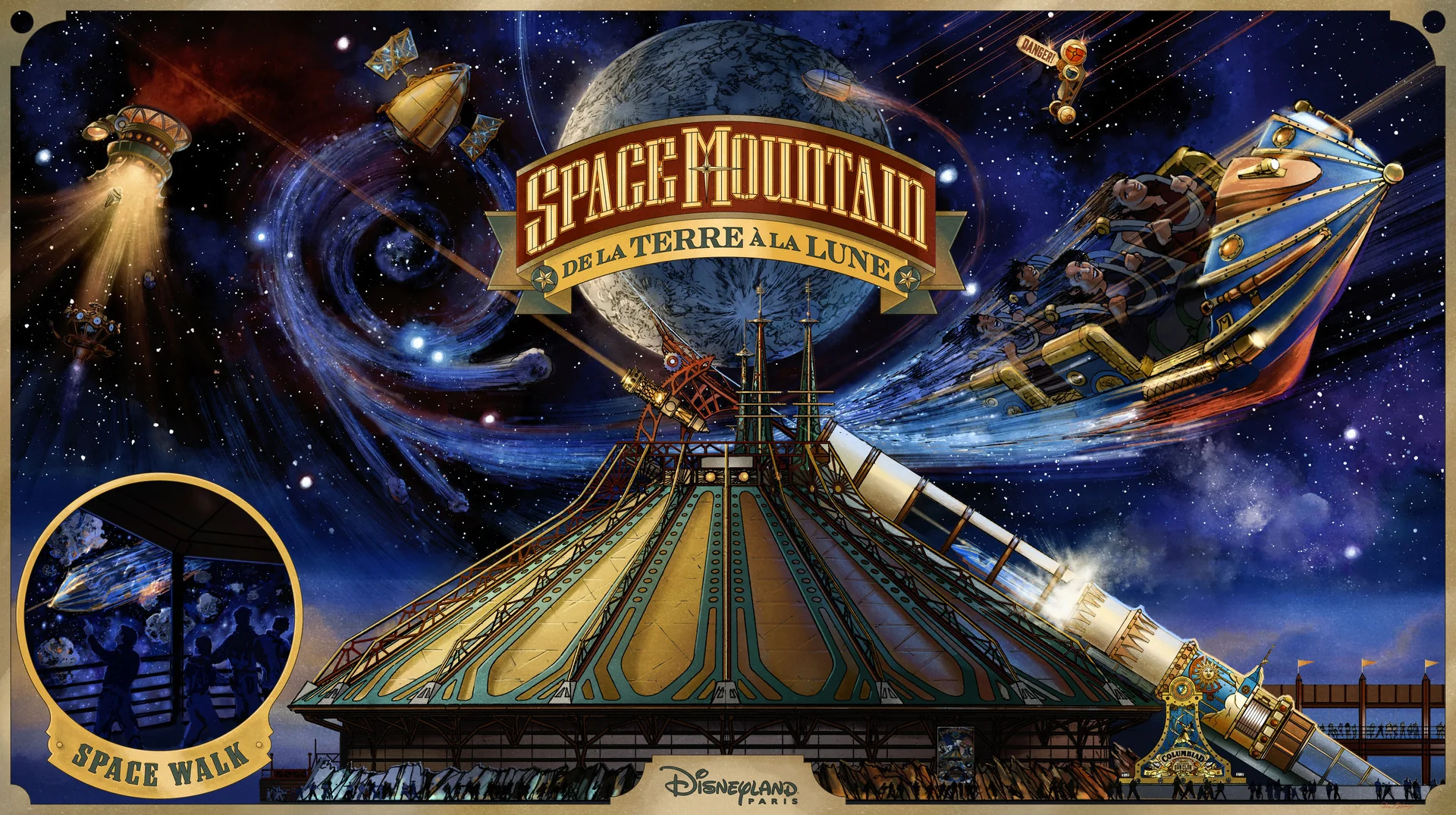 Affiche de l'attraction « Space Mountain : De la Terre à la Lune » de Disneyland Paris, inspirée des récits visionnaires de Jules Verne, représentant la structure de l'attraction, des fusées, des scènes spatiales, ainsi qu'un encart montrant des visiteurs marchant à l'intérieur de l'attraction.