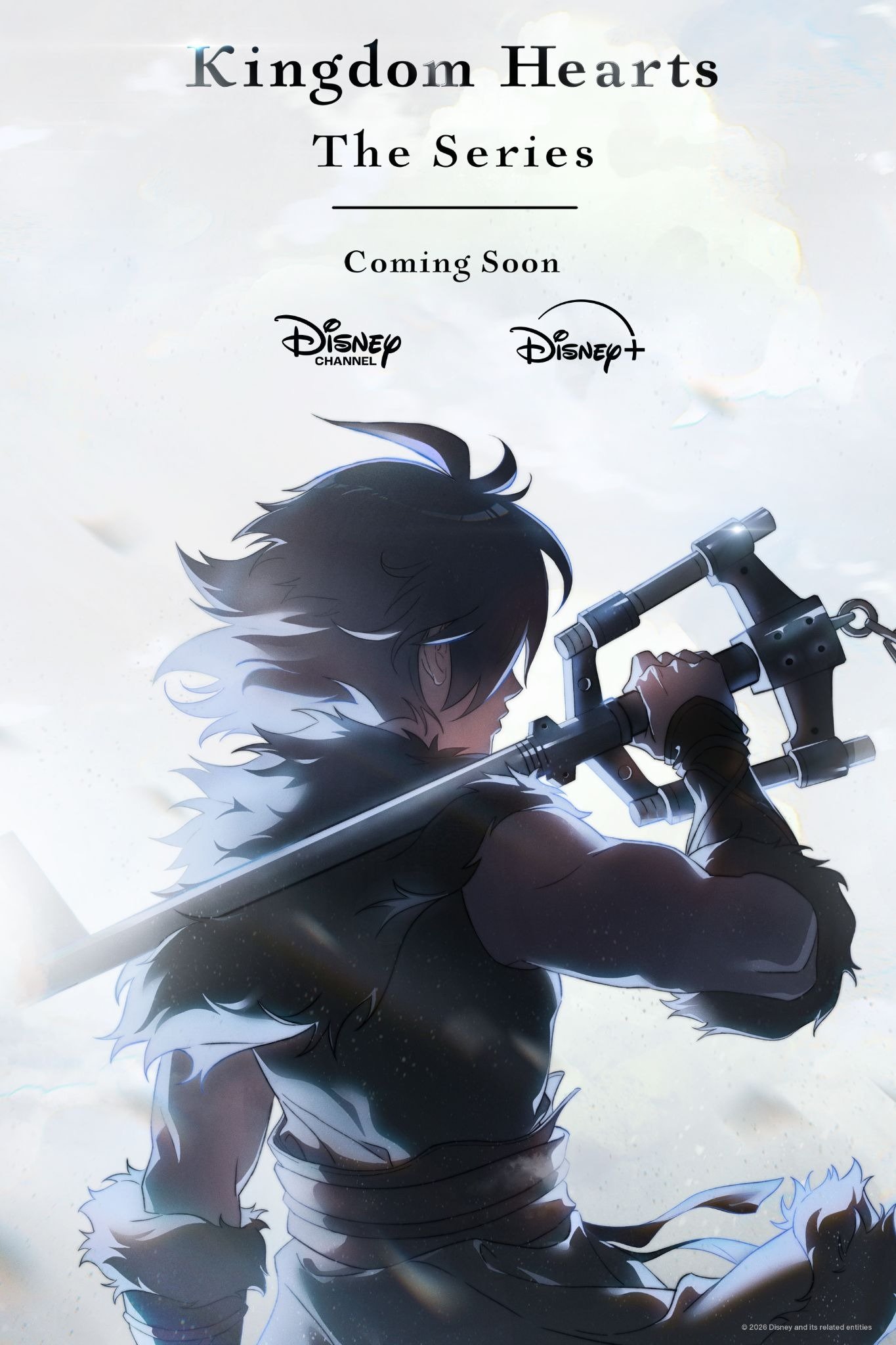Personnage d'animation tenant une grande épée en forme de clé au-dessus de son épaule, accompagné d'un texte annonçant « Kingdom Hearts : La Série Animée », bientôt sur Disney Channel et Disney+.