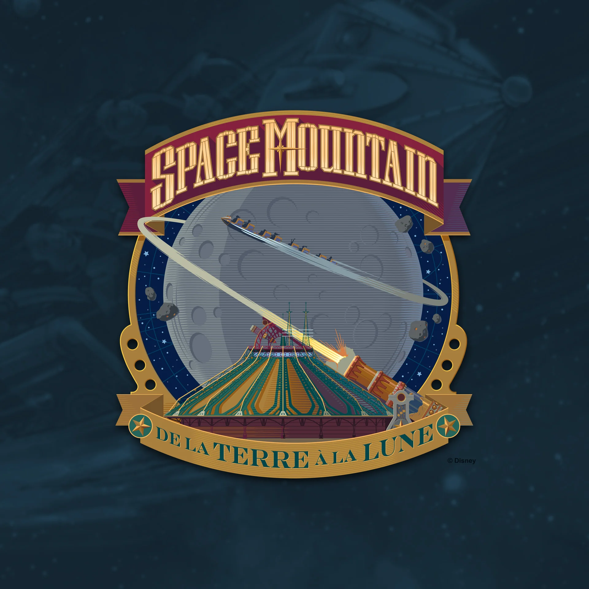 Logo de Space Mountain représentant des montagnes russes s'élançant vers la Lune, inspiré du roman visionnaire de Jules Verne, avec l'inscription « De la Terre à la Lune » sur une banderole en dessous.