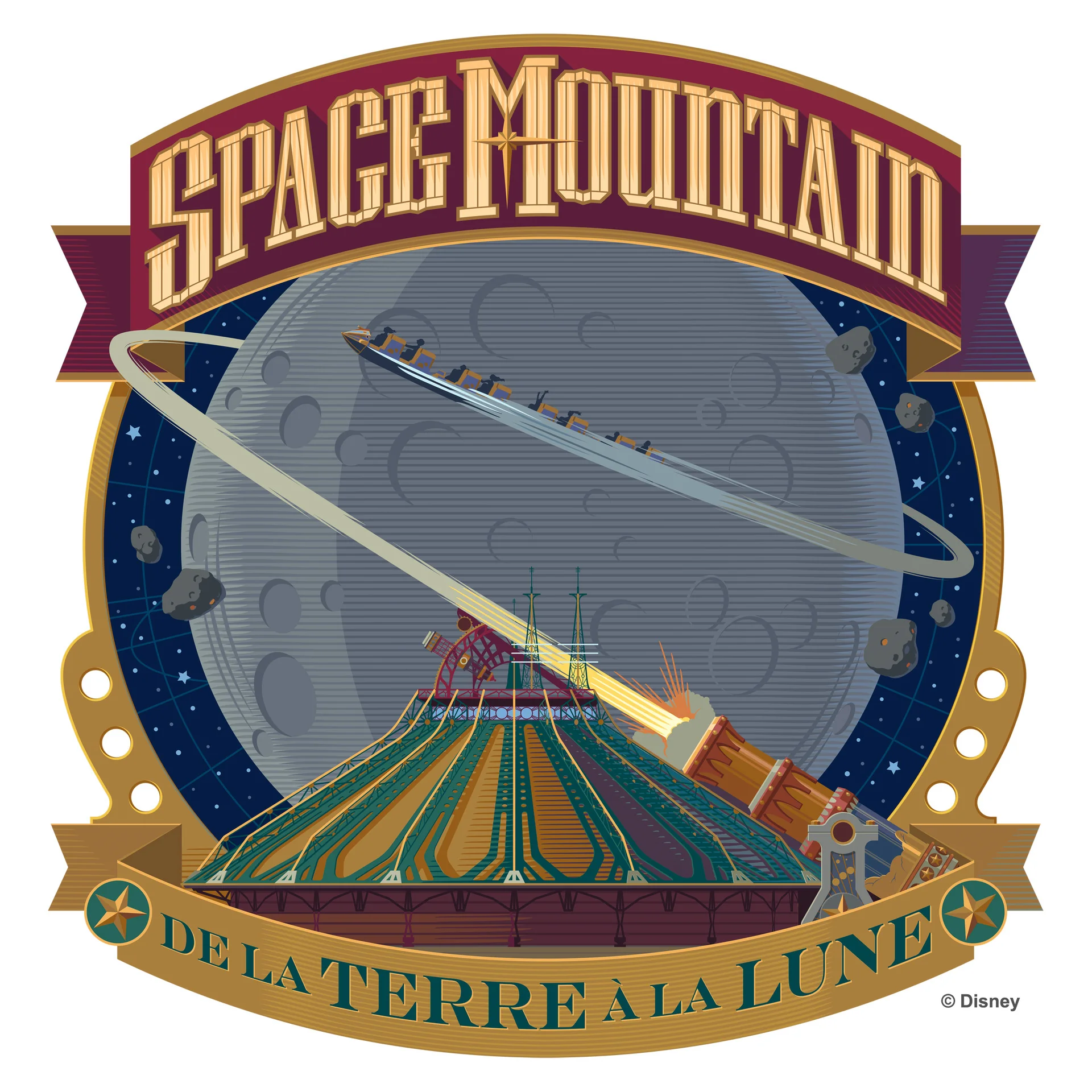 Illustration de Space Mountain représentant une fusée filant vers la Lune, des astéroïdes et une banderole portant l'inscription « De la Terre à la Lune », inspirée des récits visionnaires de Jules Verne.