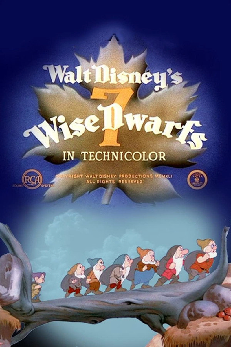L'affiche du film « Les Sept Nains de Walt Disney », sorti le 12 décembre 1941, présente le titre inscrit sur une feuille, tandis que sept nains animés marchent en file indienne sur une bûche en contrebas, illustrant ainsi tout le charme et la fantaisie de ce moment marquant de l'histoire de l'animation.