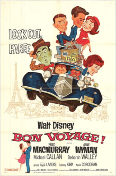 L'affiche illustrée du film montre une famille dans une voiture remplie de bagages, avec la Tour Eiffel en arrière-plan, ainsi que les inscriptions « Bon Voyage ! » et « Attention, Paris ! », accompagnées de la distribution et du générique du film de 1962. Ce visuel festif rend un hommage haut en couleur aux festivités du 17 mai, en capturant à la fois l’effervescence et l’esprit d’aventure.