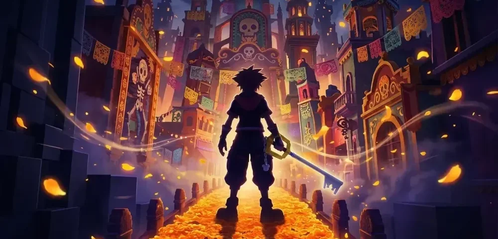 Une personne tenant une grande clé se tient debout sur un chemin bordé de soucis, dans une ville colorée et festive où se mêlent motifs de crânes, bannières et lumières scintillantes la nuit — évoquant l’atmosphère magique d’une aventure de Kingdom Hearts ou l’univers haut en couleur d’une série animée que vous pourriez découvrir sur Disney+.