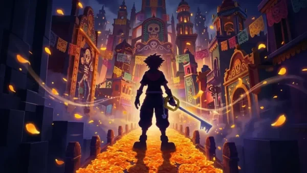 Une personne tenant une grande clé se tient debout sur un chemin bordé de soucis, dans une ville colorée et festive où se mêlent motifs de crânes, bannières et lumières scintillantes la nuit — évoquant l’atmosphère magique d’une aventure de Kingdom Hearts ou l’univers haut en couleur d’une série animée que vous pourriez découvrir sur Disney+.