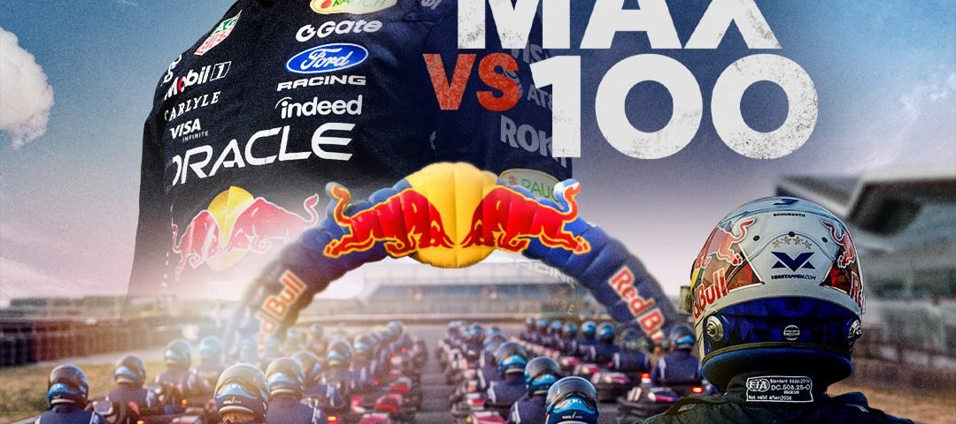 Max Verstappen trône au centre d'une scène de course de karting palpitante, accompagnée de la mention « MAX vs 100 pilotes ». Affiche promotionnelle pour ESPN sur Disney+, disponible en streaming à partir du 16 septembre.