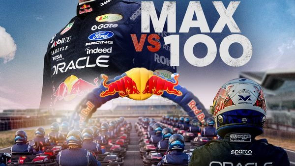 Max Verstappen trône au centre d'une scène de course de karting palpitante, accompagnée de la mention « MAX vs 100 pilotes ». Affiche promotionnelle pour ESPN sur Disney+, disponible en streaming à partir du 16 septembre.