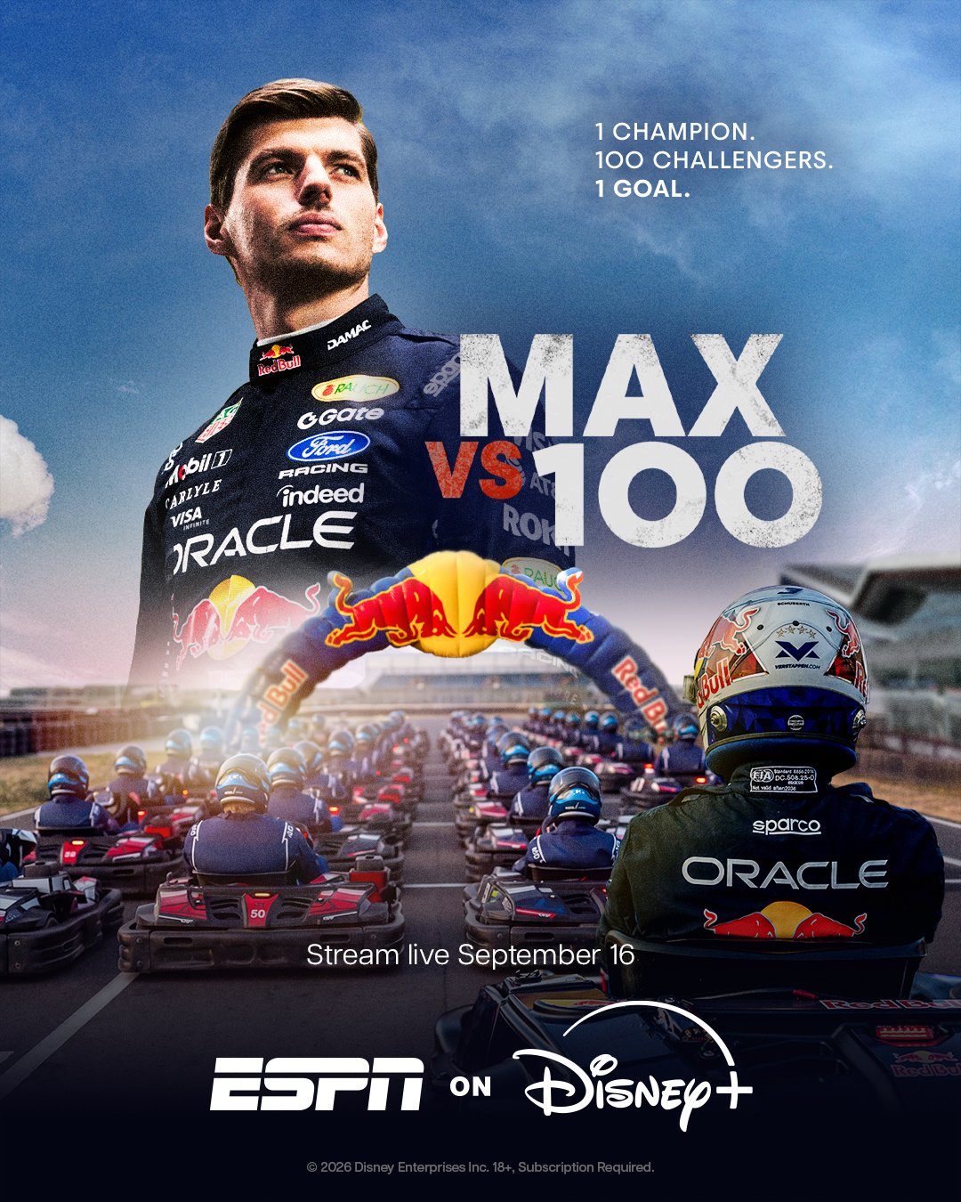 Max Verstappen trône au centre d'une scène de course de karting palpitante, accompagnée de la mention « MAX vs 100 pilotes ». Affiche promotionnelle pour ESPN sur Disney+, disponible en streaming à partir du 16 septembre.