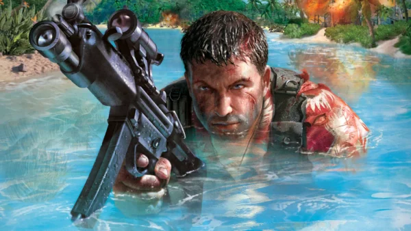 Un homme aux cheveux mouillés, armé d'un fusil, émerge de l'eau, vêtu d'une chemise rouge à fleurs et d'un équipement tactique, avec en arrière-plan une île tropicale et des explosions : une scène saisissante qui rappelle Far Cry et évoque une action à haute tension.