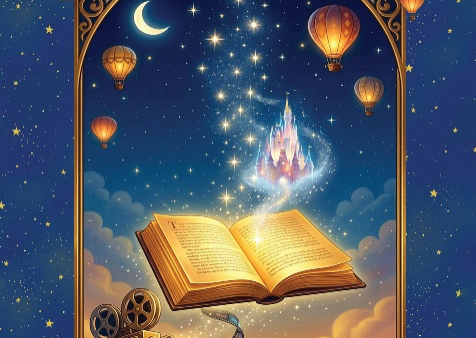 Un livre magique s'ouvre sous le ciel nocturne, projetant l'image d'un château, d'une bobine de film et d'enfants accompagnés de montgolfières, d'étoiles et d'un croissant de lune, avec la mention « Walt Disney » et un texte en français au-dessus — illustrant ainsi l'univers enchanteur évoqué lors d'une récente interview avec Frédéric Morelle.