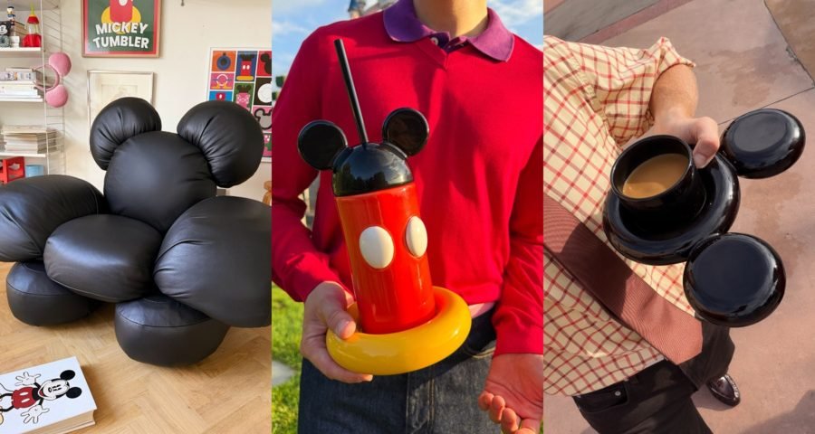 Un collage représentant un fauteuil noir en forme de Mickey Mouse, un gobelet Disney rouge et une personne tenant une tasse à café Gustaf Westman noire en forme de Mickey Mouse.