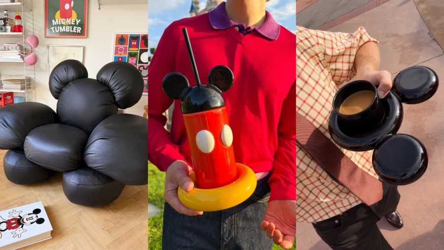 Un collage représentant un fauteuil noir en forme de Mickey Mouse, un gobelet Disney rouge et une personne tenant une tasse à café Gustaf Westman noire en forme de Mickey Mouse.