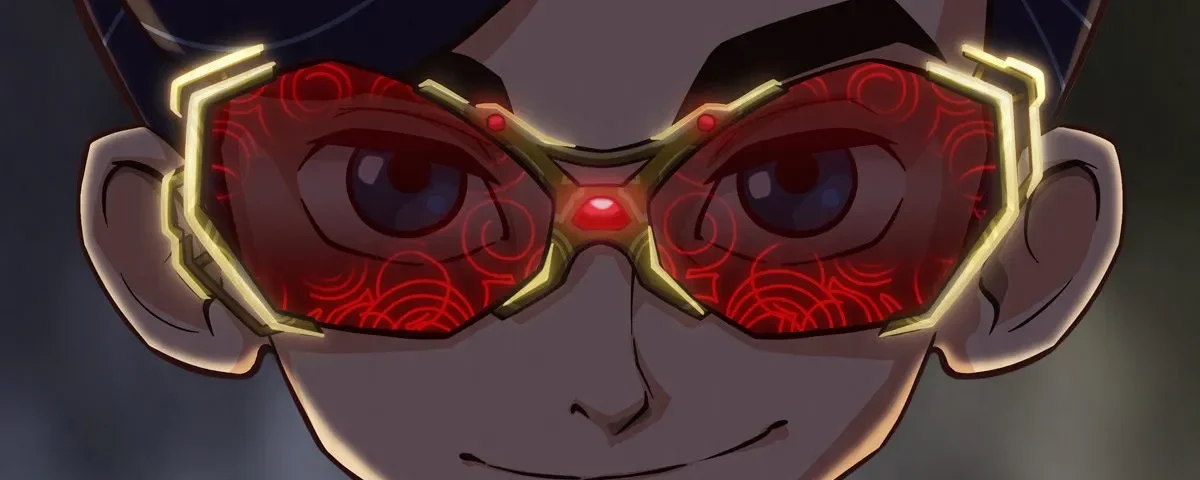 Portrait animé d'un jeune Artemis Fowl portant des lunettes rouges high-tech dont les verres sont ornés de motifs circulaires lumineux.