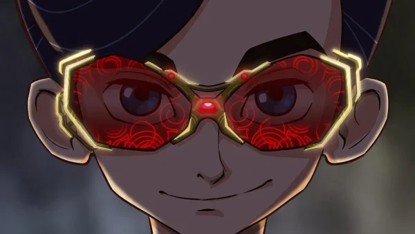 Portrait animé d'un jeune Artemis Fowl portant des lunettes rouges high-tech dont les verres sont ornés de motifs circulaires lumineux.
