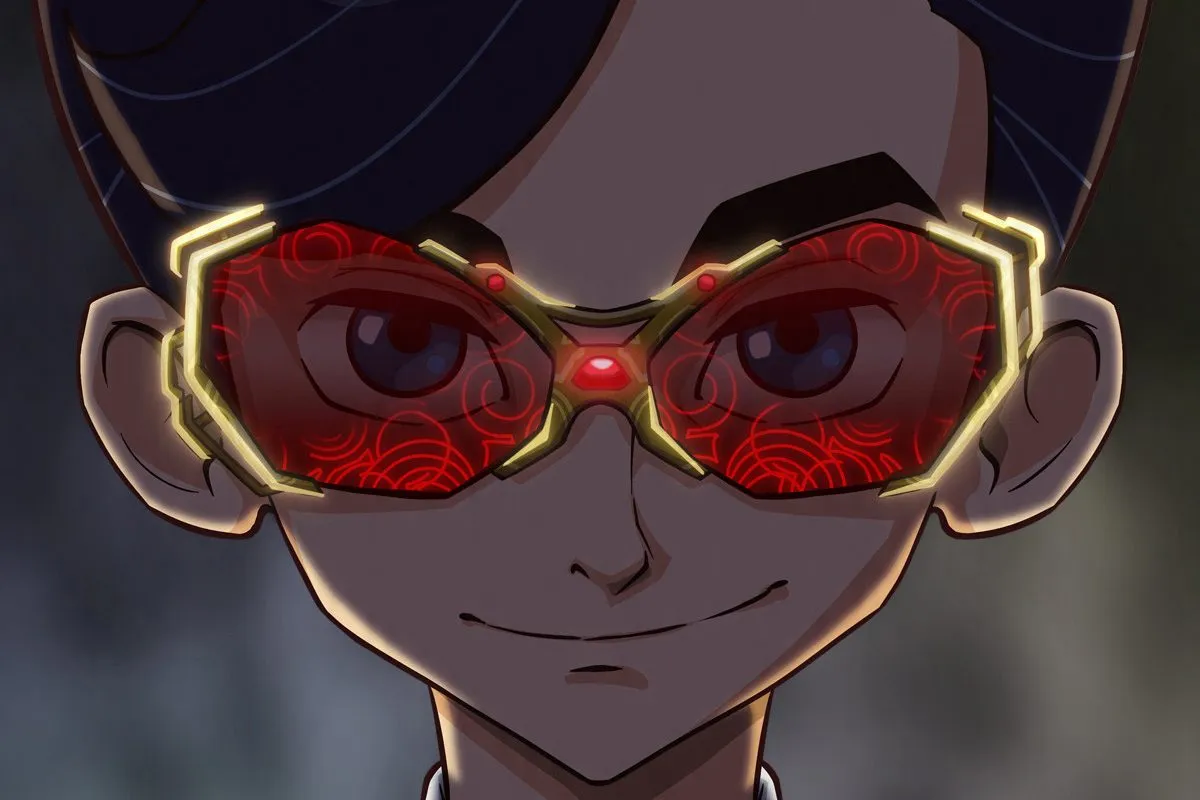 Portrait animé d'un jeune Artemis Fowl portant des lunettes rouges high-tech dont les verres sont ornés de motifs circulaires lumineux.