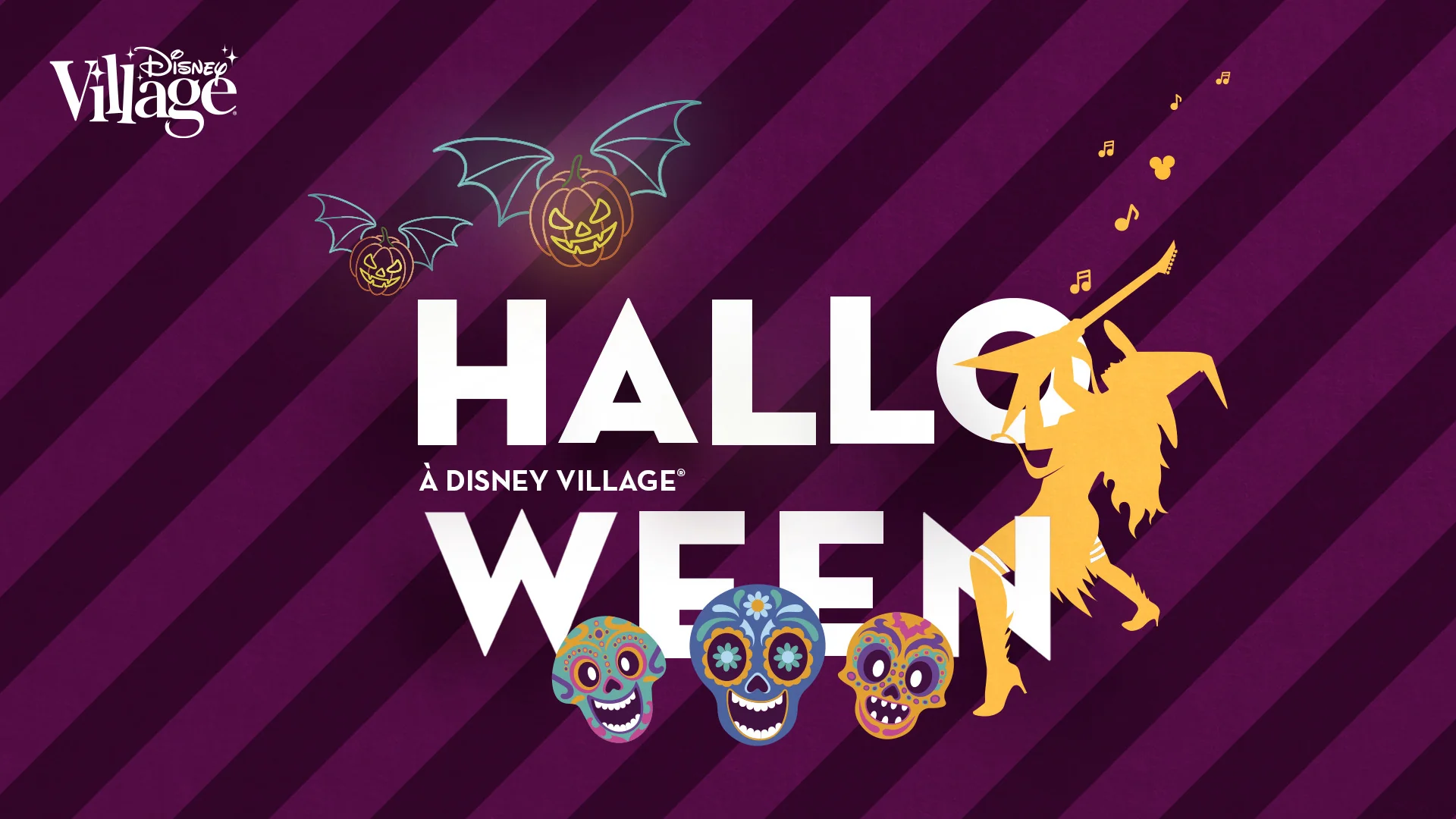 Une affiche d'Halloween du Disney Village représentant deux citrouilles-chauves-souris volantes, trois crânes en sucre et la silhouette d'une sorcière jouant de la guitare électrique.