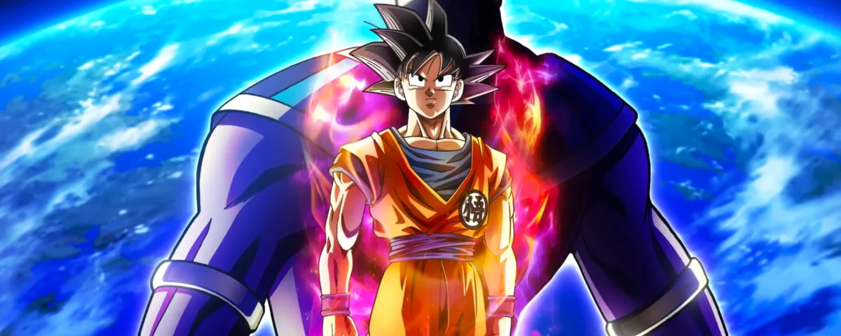 Goku, entouré d'une aura rouge éclatante, se tient face à Beerus avec la Terre en arrière-plan : une scène tirée de Dragon Ball Super.