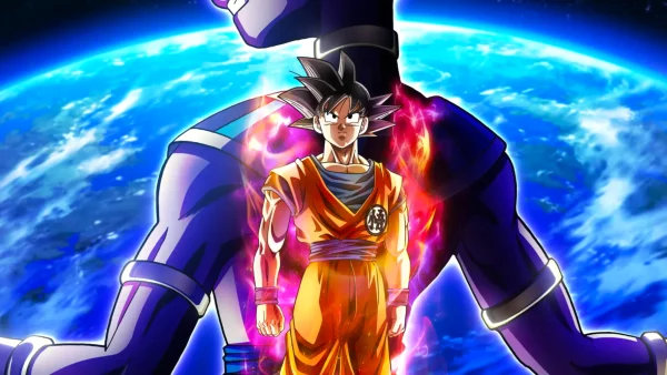 Goku, entouré d'une aura rouge éclatante, se tient face à Beerus avec la Terre en arrière-plan : une scène tirée de Dragon Ball Super.