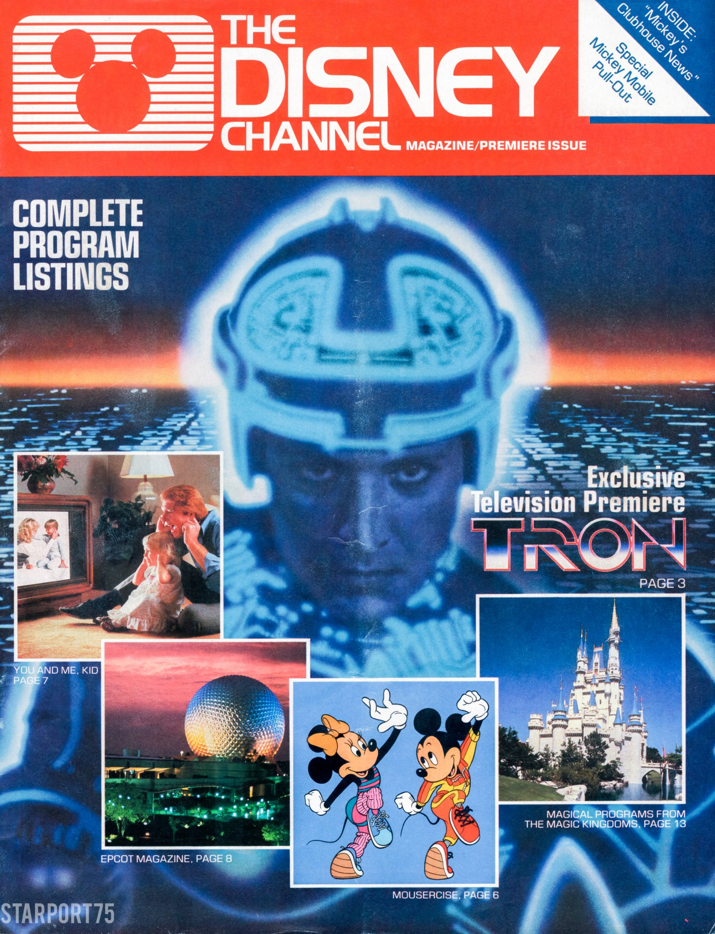 La couverture du magazine Disney Channel présente la première du film « Tron », des personnages Disney, Epcot, le château de Cendrillon et le programme des émissions depuis sa création, le 18 avril 1983.