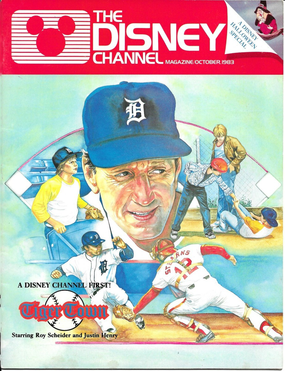 La couverture du magazine montre des joueurs des Tigers de Détroit et un homme portant une casquette des Tigers ; le texte fait la promotion du film « Tiger Town » de Disney Channel, dont la première a eu lieu le 18 avril 1983.